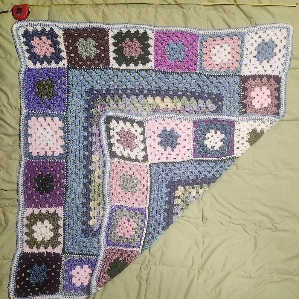 Homemade Purple, Pink, Sage Green 42" By 42" Crochet Blanket - Picture 4 of 6